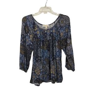 3854) Michael Kors Blue Abstract Print Long Sleeve Scoop neck Top Medium